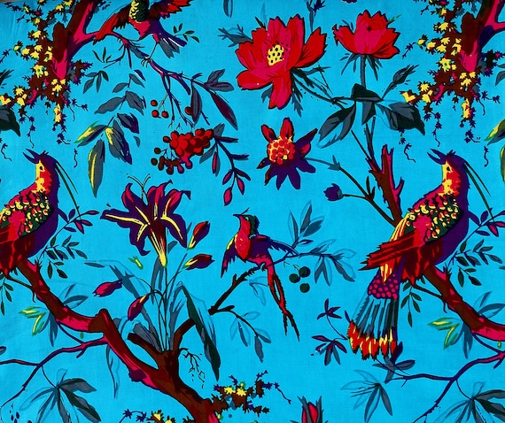 Indian Turquoise Bird Print Fabric Womens Clothing Indian Fabric Cotton  Fabric by Yard Tunic Girls Dress Fabric Vegetable Dyed Cotton Robe 