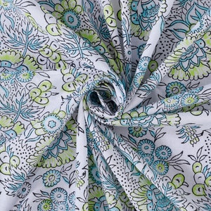 Gray & Green Indian Floral Hand Block Printed 100% Cotton Cloth, Fabric by the Yard, Fabric for Curtains Pillows Dress Making Fabric