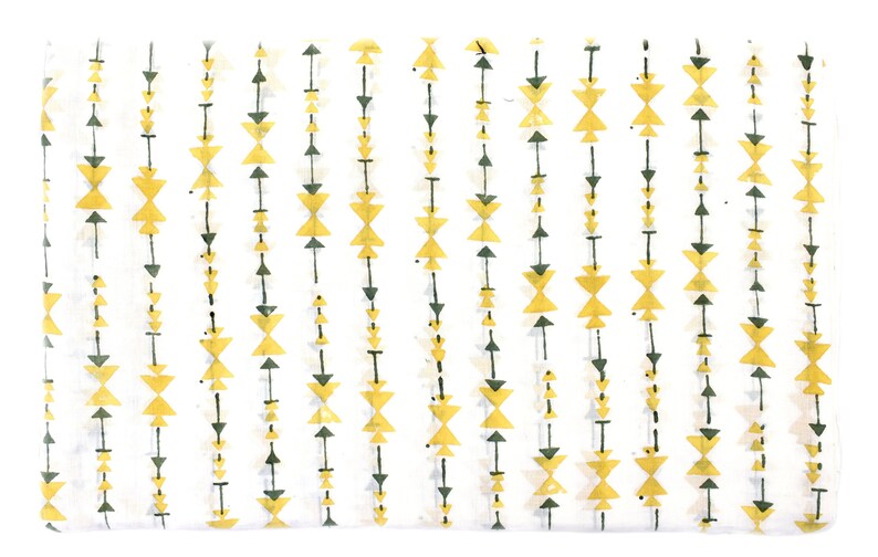 May include: A white background with a repeating pattern of yellow and green triangles. The triangles are arranged in vertical lines, creating a geometric design.