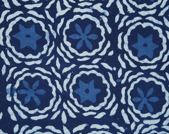 By The Yard Indigo Blue Floral Print Cotton Fabric, Indian Hand Block Printed Natural Vegetable Dye Sewing Fabric, Tablecloth Fabric