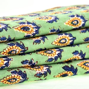 Green Hand Block print, printed cotton fabric, block printed fabric, Block print throw, block print dress by the yard dressmaking fabric art
