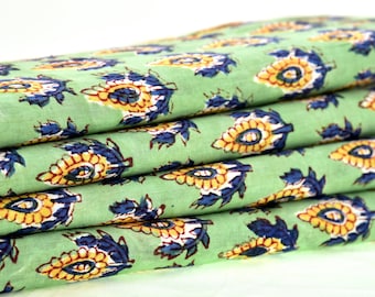 Green - Hand Block Print Patchwork Cotton Unstitched Kurta Material (2.95m) 45