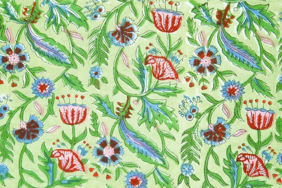 Indian Hand Block Print Fabric Pure Cotton Fabric Sanganer Jaipur Natural Vegetable Color 1 To 20 Yards Green Paradise Print Fabric Indian