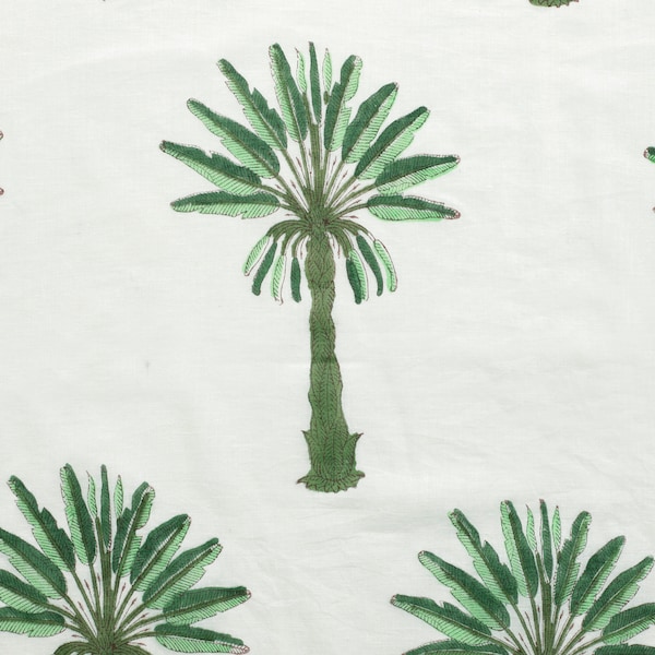 Palm Tree print cotton fabric block print fabric dress Vegetable dyed Indian fabric robe fabric by yard womens clothing White on Green Color