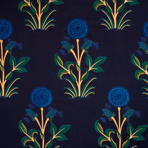 floral print cotton fabric block print fabric dress Vegetable dyed Indian fabric robe fabric by yard womens clothing Blue on Gold Green