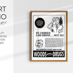 Stampa Vintage Woods Drugs Rexall / Pubblicità di Farmacia Retro / Arte Murale di Farmacia Anni '20 - Fascino Senza Tempo per il Tuo Spazio