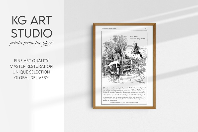 May include: A framed black and white print featuring an antique illustration. The artwork depicts two men in period clothing near a fence, with text at the top and bottom. The frame is a warm, light brown color.