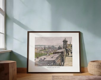 Edinburgh from the Castle Print | 1800s Hand-Colored Engraving | Antique Scottish Cityscape | Historical Vintage Wall Decor