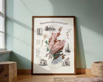 Antique Geological Map of Scotland by John Emslie | Victorian Science Illustration, Fingal’s Cave, Skye, Shetland, 19th Century Map