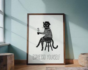 Minimalist Black Cat Poster French Style | Funny Coffee Cat Art “Espresso Yourself” | Boho Paris Cat Wall Art | Cute Kitchen Decor Gift