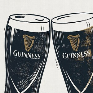 May include: Two dark pint glasses of Guinness stout, with the Guinness logo and a harp emblem, are depicted in a stylized illustration. The glasses are black with white accents, set against a textured white background.