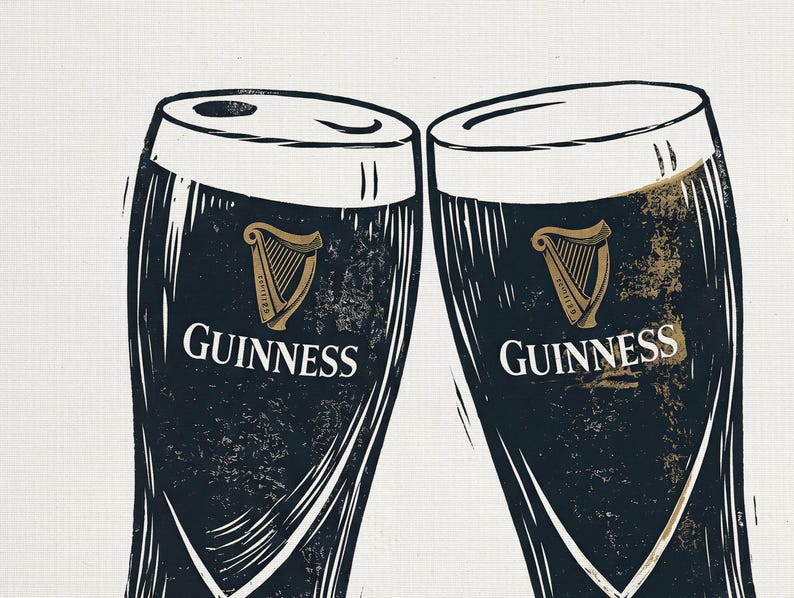 May include: Two dark pint glasses of Guinness stout, with the Guinness logo and a harp emblem, are depicted in a stylized illustration. The glasses are black with white accents, set against a textured white background.