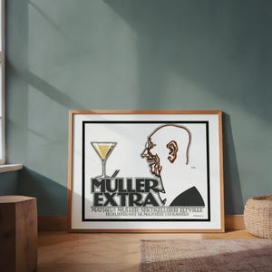May include: A framed vintage advertisement poster featuring a profile illustration of a bald person next to a glass of sparkling wine. The text reads MULLER EXTRA, MATHEUS MULLER SEKTKELLEREI ELTVILLE, and HOFLIEFERANT SR. MAJESTAT DES KAISERS in black.
