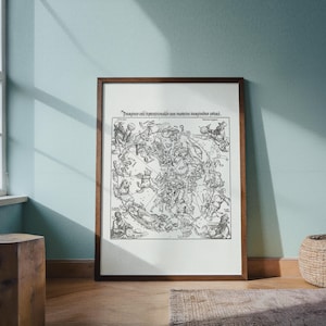 Op de afbeelding: Een ingelijste zwart-wit print van een hemelkaart, met gedetailleerde illustraties van sterrenbeelden en figuren. De print zit in een donkerhouten lijst en leunt tegen een lichtblauwe muur. De tekst bovenaan luidt "Imagines coeli sphaerarum cum quatuor imaginibus zodiaci."