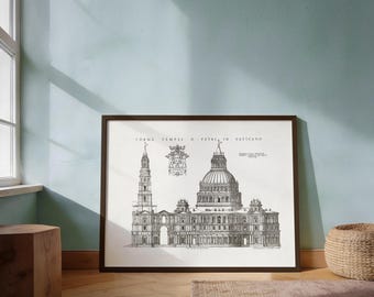 Print van de Sint-Pietersbasiliek | Historische architectuur in Rome | Vintage Vaticaanse gravure uit de 19e eeuw | Giclée-architectuurposter