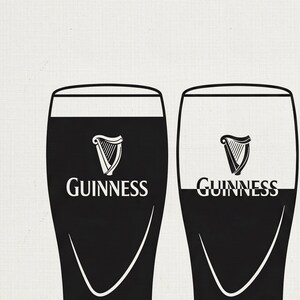 May include: Two stylized Guinness pint glasses, one filled with dark liquid, the other with a white head. Each glass features the Guinness logo: a harp and the brand name. The background is a textured off-white.