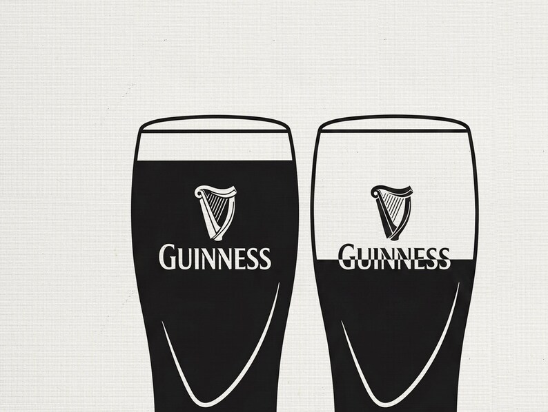 May include: Two stylized Guinness pint glasses, one filled with dark liquid, the other with a white head. Each glass features the Guinness logo: a harp and the brand name. The background is a textured off-white.