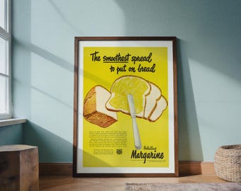 Vintage Butter Spread Advertisement | Retro Kitchen Food Poster | 1940s Grocery Art | Antique Food Label Decor