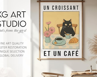 Un Croissant et un Café Poster | Colorful French Cat Art | Coffee & Croissant Wall Decor