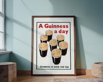 Vintage Guinness Style Beer Poster | “A Guinness a Day” Pub Wall Art | Retro Irish Brewery Advertisement