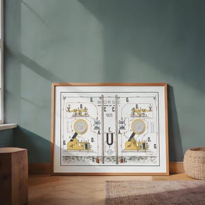 Morses telegraftryck från 1920 | Vetenskapligt diagram över vintage-telegrafen | Antik teknologikonst från P. Krüger | Pedagogisk väggdekoration