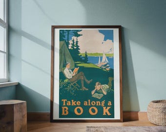 Vintage Reading Poster | Take Along a Book Illustration | Library Art Print | Literary Wall Decor