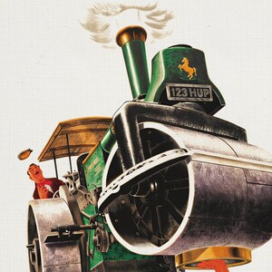 May include: A vintage green steamroller illustration with the text "FREEWHEEL" and "123 HUP". A man in a red jacket appears shocked in the driver's seat. The steamroller features a gold horse emblem.