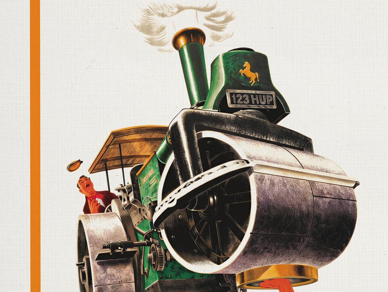 May include: A vintage green steamroller illustration with the text "FREEWHEEL" and "123 HUP". A man in a red jacket appears shocked in the driver's seat. The steamroller features a gold horse emblem.