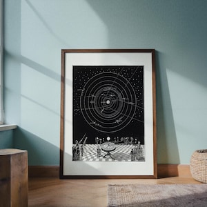 May include: A framed black and white print featuring a celestial map of the solar system with concentric orbital rings. Below the planetary diagram, a group of figures stands on a checkered floor, observing a scientific instrument on a pedestal.