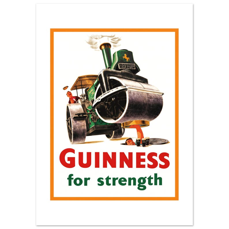 Vintage Guinness Style Poster | “Guinness for Strength” Steamroller Illustration | Retro Brewery Wall Art image 9