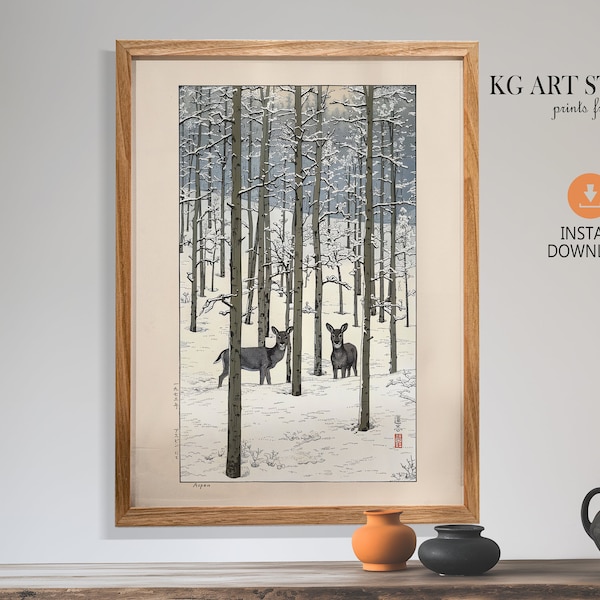 Toshi Yoshida Aspen Deers - Vintage Holzschnitte aus Japan - Poster Art - Sammlung - Home Decor - Einzigartiges Wandbild