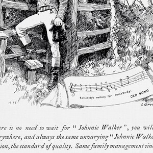 May include: A black and white vintage illustration depicts a person in riding attire standing near a wooden fence. A musical score with the words "OLD SONG" and "Somebody's waiting for somebody" is in the foreground.