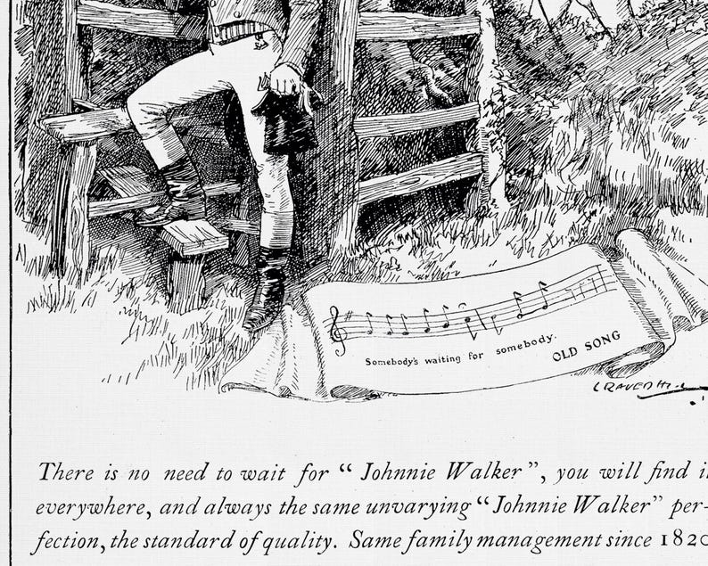 May include: A black and white vintage illustration depicts a person in riding attire standing near a wooden fence. A musical score with the words "OLD SONG" and "Somebody's waiting for somebody" is in the foreground.