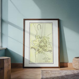 May include: A framed vintage map of the city of Ancient Rome, featuring a detailed illustration in yellow and green hues. The map is encased in a dark brown wooden frame, displayed against a light blue wall.