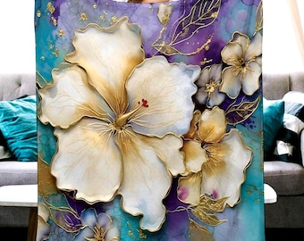 Manta de forro polar con estampado floral en verde azulado y morado: arte abstracto de inspiración isleña