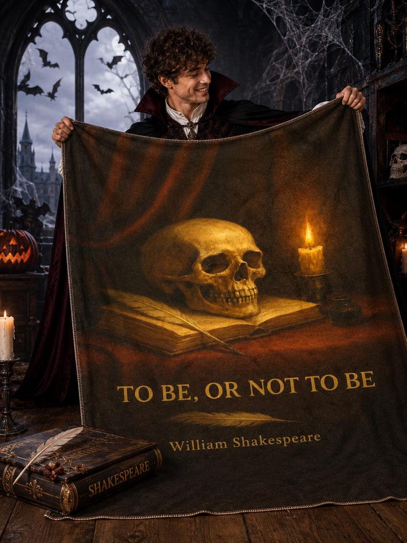 May include: A rectangular throw blanket featuring a dark, atmospheric print of a human skull resting on an open book next to a lit candle. The text "TO BE, OR NOT TO BE" and "William Shakespeare" is printed in gold lettering on the lower section.