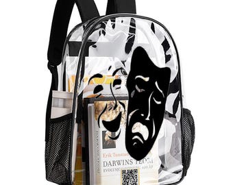 Theatre Mask Clear Backpack – Stadiongodkänd transparent ryggsäck för arbete, skola, konserter och säkerhet