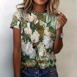 Women's 100% Cotton T-Shirt Vincent Van Gogh White Roses | Impressionist Botanical Masterpiece Tee| Wearable Masterpiece | Sizes 2XS-4XL