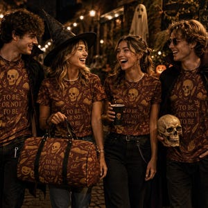 May include: A group of people wearing matching brown t-shirts featuring a skull graphic, floral patterns, and the text 'TO BE, OR NOT TO BE'. One person wears a black witch hat, two wear black capes, and one holds a duffel bag with the same print.