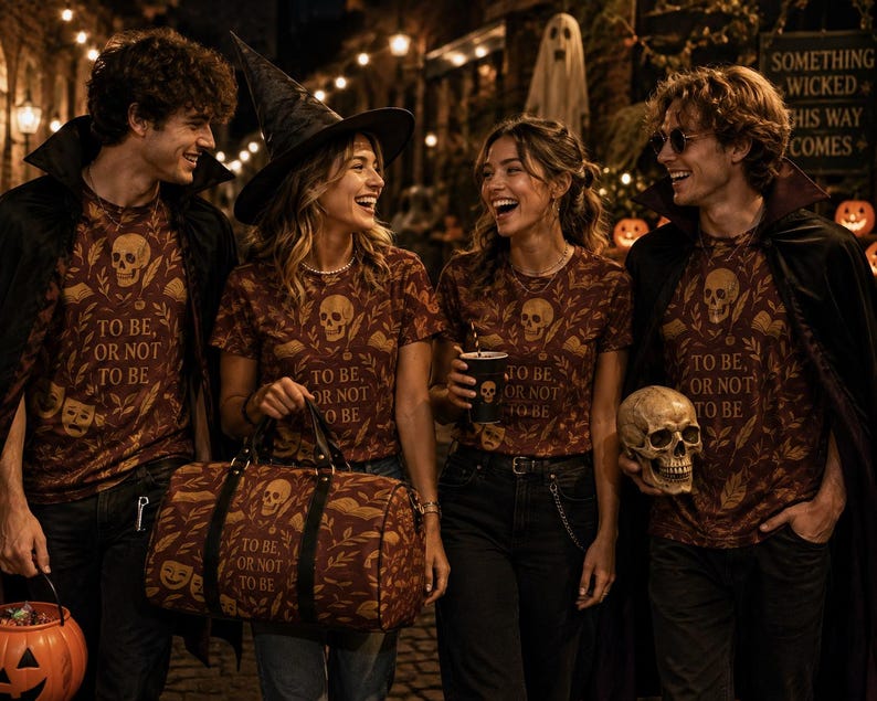 May include: A group of people wearing matching brown t-shirts featuring a skull graphic, floral patterns, and the text 'TO BE, OR NOT TO BE'. One person wears a black witch hat, two wear black capes, and one holds a duffel bag with the same print.