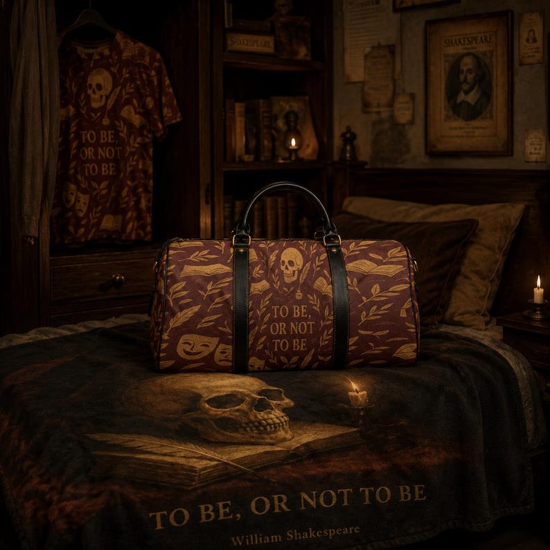 May include: A dark red duffel bag featuring a repeating pattern of skulls, open books, theater masks, and leafy branches. The text "TO BE, OR NOT TO BE" is printed on the front. The bag has black leather handles and trim with gold hardware.