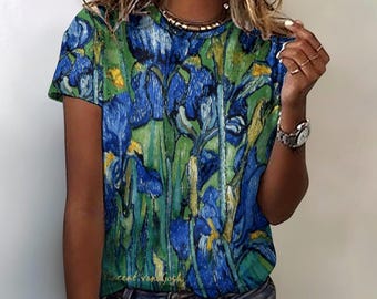 Camiseta de mujer 100% algodón – Estampado artístico de lirios de Van Gogh / Obra maestra para vestir / Tallas 2XS–4XL