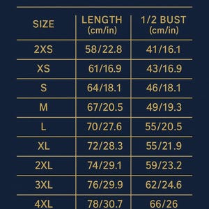 May include: A dark blue size chart with gold text listing sizes from 2XS to 4XL. Columns display length and 1/2 bust measurements in both centimeters and inches. The bottom of the chart features the brand name TheSkyViewBrand in gold lettering.