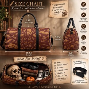 May include: A dark red duffel bag with a skull, book, and leaf pattern featuring the text 'TO BE, OR NOT TO BE'. It measures 18.62 inches long, 9.65 inches high, and 8.5 inches wide, with a 6.49-inch hand drop and a 27.5 to 51.2-inch adjustable strap.