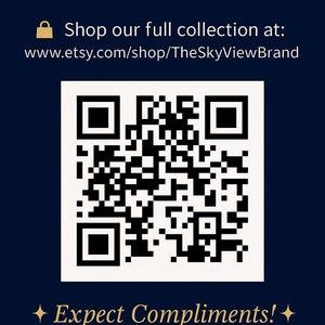 May include: A dark blue square graphic featuring the text TheSkyViewBrand, a padlock icon, and the URL www.etsy.com/shop/TheSkyViewBrand. A central white square contains a black QR code, and the bottom text reads Expect Compliments! with stars.