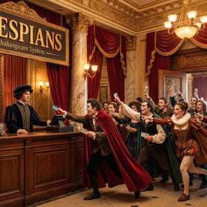 Thespian theatre merchandise store, actors in costumes shopping for William Shakespeare To Be or Not To Be shirt