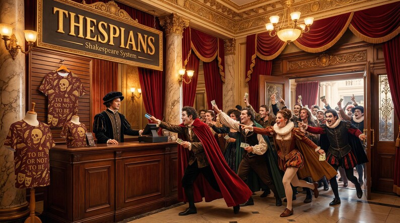 Thespian theatre merchandise store, actors in costumes shopping for William Shakespeare To Be or Not To Be shirt