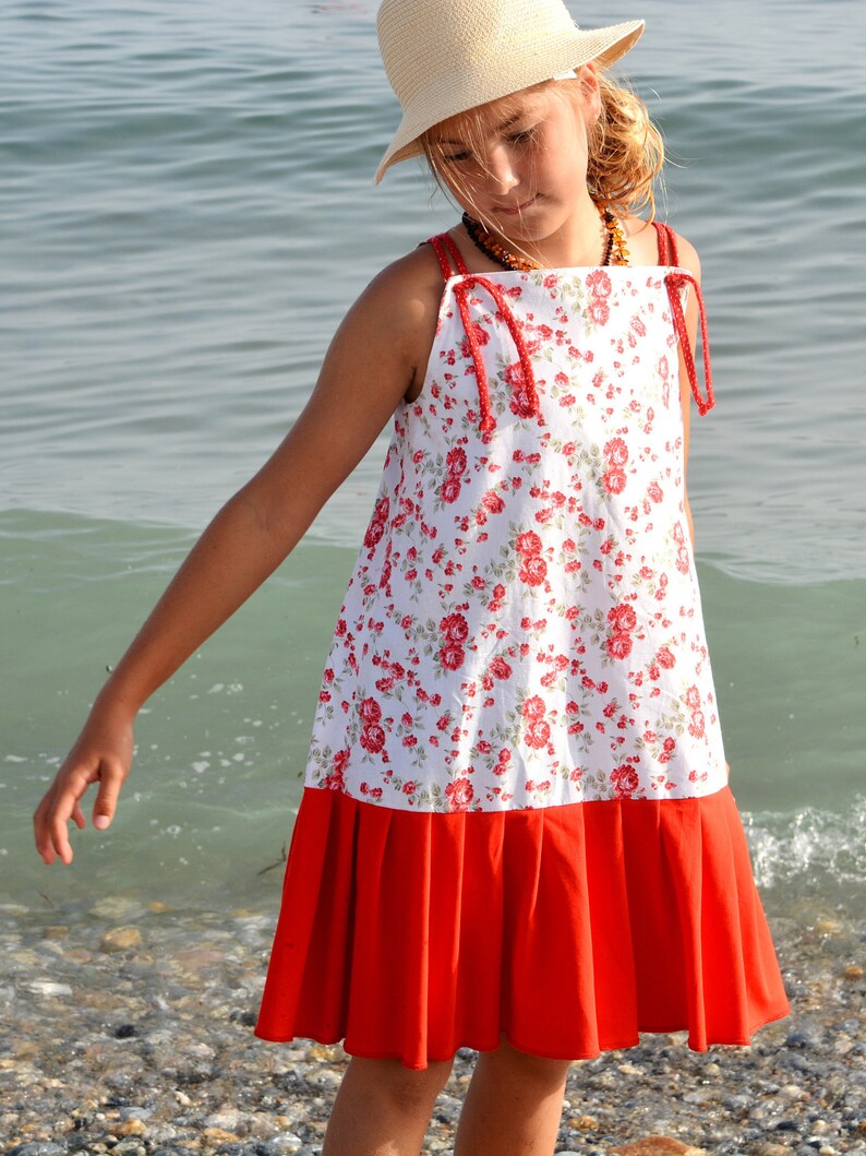 Pinafore dress for girl Overall dress with red rose print Toddler floral dress