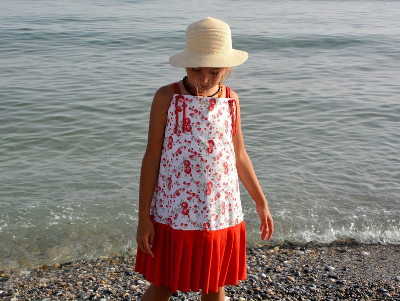 Pinafore dress for girl Overall dress with red rose print Toddler floral dress