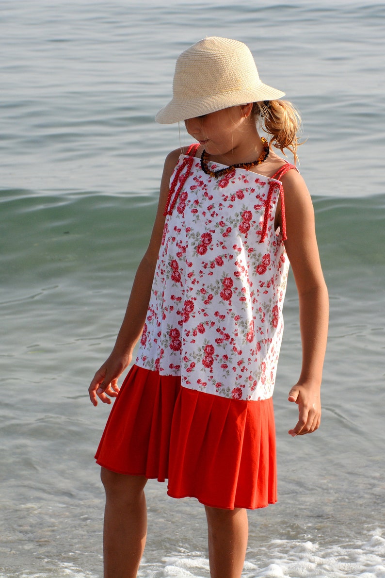 Pinafore dress for girl Overall dress with red rose print Toddler floral dress